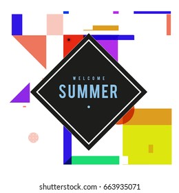 Trendy vector summer cards illustration with elements and abstract colorful textures. Design for holiday vacation poster, card, brochure, and promotion template. Fashion art print and background.