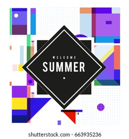 Trendy vector summer cards illustration with elements and abstract colorful textures. Design for holiday vacation poster, card, brochure, and promotion template. Fashion art print and background.
