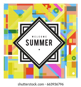 Trendy vector summer cards illustration with elements and abstract colorful textures. Design for holiday vacation poster, card, brochure, and promotion template. Fashion art print and background.