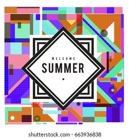 Trendy vector summer cards illustration with elements and abstract colorful textures. Design for holiday vacation poster, card, brochure, and promotion template. Fashion art print and background.