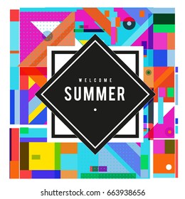 Trendy vector summer cards illustration with elements and abstract colorful textures. Design for holiday vacation poster, card, brochure, and promotion template. Fashion art print and background.