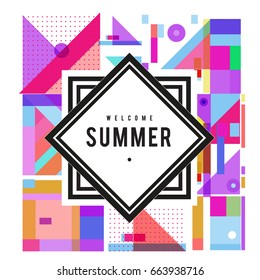 Trendy vector summer cards illustration with elements and abstract colorful textures. Design for holiday vacation poster, card, brochure, and promotion template. Fashion art print and background.