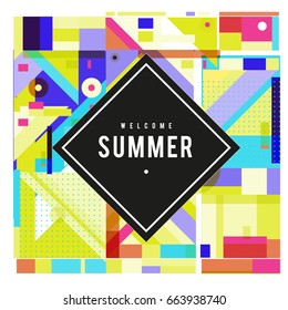 Trendy vector summer cards illustration with elements and abstract colorful textures. Design for holiday vacation poster, card, brochure, and promotion template. Fashion art print and background.