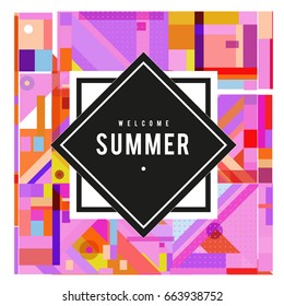 Trendy vector summer cards illustration with elements and abstract colorful textures. Design for holiday vacation poster, card, brochure, and promotion template. Fashion art print and background.