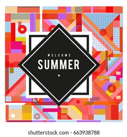 Trendy vector summer cards illustration with elements and abstract colorful textures. Design for holiday vacation poster, card, brochure, and promotion template. Fashion art print and background.