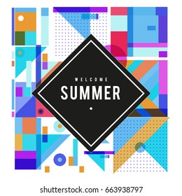 Trendy vector summer cards illustration with elements and abstract colorful textures. Design for holiday vacation poster, card, brochure, and promotion template. Fashion art print and background.
