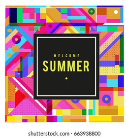 Trendy vector summer cards illustration with elements and abstract colorful textures. Design for holiday vacation poster, card, brochure, and promotion template. Fashion art print and background.