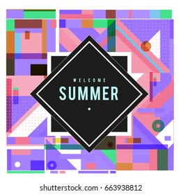 Trendy vector summer cards illustration with elements and abstract colorful textures. Design for holiday vacation poster, card, brochure, and promotion template. Fashion art print and background.
