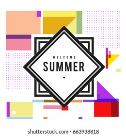 Trendy vector summer cards illustration with elements and abstract colorful textures. Design for holiday vacation poster, card, brochure, and promotion template. Fashion art print and background.