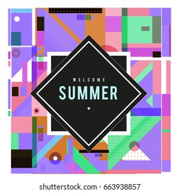 Trendy vector summer cards illustration with elements and abstract colorful textures. Design for holiday vacation poster, card, brochure, and promotion template. Fashion art print and background.