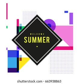 Trendy vector summer cards illustration with elements and abstract colorful textures. Design for holiday vacation poster, card, brochure, and promotion template. Fashion art print and background.