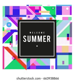Trendy vector summer cards illustration with elements and abstract colorful textures. Design for holiday vacation poster, card, brochure, and promotion template. Fashion art print and background.