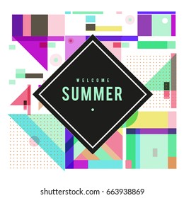 Trendy vector summer cards illustration with elements and abstract colorful textures. Design for holiday vacation poster, card, brochure, and promotion template. Fashion art print and background.