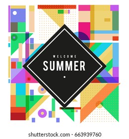 Trendy vector summer cards illustration with elements and abstract colorful textures. Design for holiday vacation poster, card, brochure, and promotion template. Fashion art print and background.