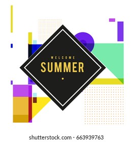 Trendy vector summer cards illustration with elements and abstract colorful textures. Design for holiday vacation poster, card, brochure, and promotion template. Fashion art print and background.