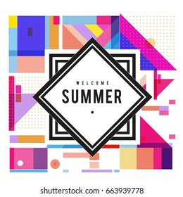 Trendy vector summer cards illustration with elements and abstract colorful textures. Design for holiday vacation poster, card, brochure, and promotion template. Fashion art print and background.