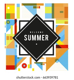 Trendy vector summer cards illustration with elements and abstract colorful textures. Design for holiday vacation poster, card, brochure, and promotion template. Fashion art print and background.