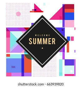 Trendy vector summer cards illustration with elements and abstract colorful textures. Design for holiday vacation poster, card, brochure, and promotion template. Fashion art print and background.