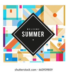 Trendy vector summer cards illustration with elements and abstract colorful textures. Design for holiday vacation poster, card, brochure, and promotion template. Fashion art print and background.