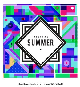 Trendy vector summer cards illustration with elements and abstract colorful textures. Design for holiday vacation poster, card, brochure, and promotion template. Fashion art print and background.