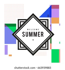 Trendy vector summer cards illustration with elements and abstract colorful textures. Design for holiday vacation poster, card, brochure, and promotion template. Fashion art print and background.