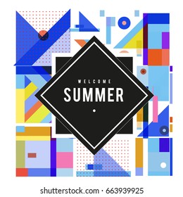 Trendy vector summer cards illustration with elements and abstract colorful textures. Design for holiday vacation poster, card, brochure, and promotion template. Fashion art print and background.