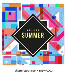 Trendy vector summer cards illustration with elements and abstract colorful textures. Design for holiday vacation poster, card, brochure, and promotion template. Fashion art print and background.