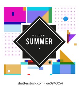 Trendy vector summer cards illustration with elements and abstract colorful textures. Design for holiday vacation poster, card, brochure, and promotion template. Fashion art print and background.