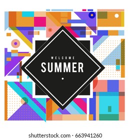 Trendy vector summer cards illustration with elements and abstract colorful textures. Design for holiday vacation poster, card, brochure, and promotion template. Fashion art print and background.