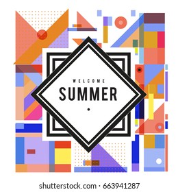 Trendy vector summer cards illustration with elements and abstract colorful textures. Design for holiday vacation poster, card, brochure, and promotion template. Fashion art print and background.