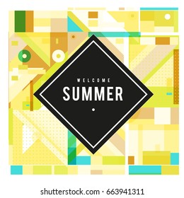 Trendy vector summer cards illustration with elements and abstract colorful textures. Design for holiday vacation poster, card, brochure, and promotion template. Fashion art print and background.