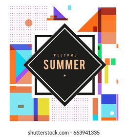 Trendy vector summer cards illustration with elements and abstract colorful textures. Design for holiday vacation poster, card, brochure, and promotion template. Fashion art print and background.