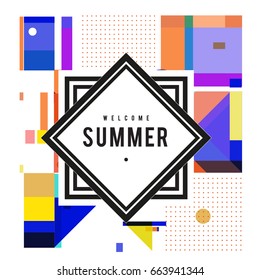 Trendy vector summer cards illustration with elements and abstract colorful textures. Design for holiday vacation poster, card, brochure, and promotion template. Fashion art print and background.