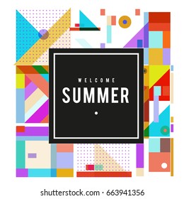 Trendy vector summer cards illustration with elements and abstract colorful textures. Design for holiday vacation poster, card, brochure, and promotion template. Fashion art print and background.