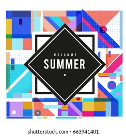 Trendy vector summer cards illustration with elements and abstract colorful textures. Design for holiday vacation poster, card, brochure, and promotion template. Fashion art print and background.
