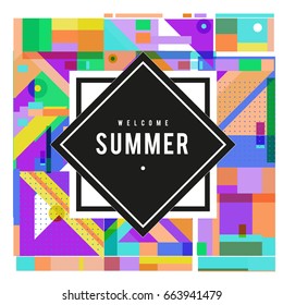 Trendy vector summer cards illustration with elements and abstract colorful textures. Design for holiday vacation poster, card, brochure, and promotion template. Fashion art print and background.
