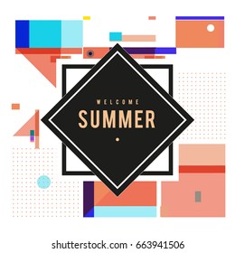Trendy vector summer cards illustration with elements and abstract colorful textures. Design for holiday vacation poster, card, brochure, and promotion template. Fashion art print and background.