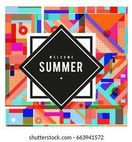 Trendy vector summer cards illustration with elements and abstract colorful textures. Design for holiday vacation poster, card, brochure, and promotion template. Fashion art print and background.