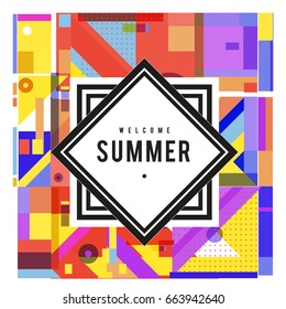Trendy vector summer cards illustration with elements and abstract colorful textures. Design for holiday vacation poster, card, brochure, and promotion template. Fashion art print and background.