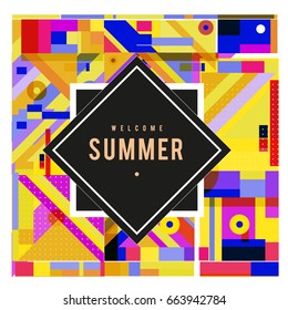 Trendy vector summer cards illustration with elements and abstract colorful textures. Design for holiday vacation poster, card, brochure, and promotion template. Fashion art print and background.