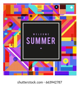 Trendy vector summer cards illustration with elements and abstract colorful textures. Design for holiday vacation poster, card, brochure, and promotion template. Fashion art print and background.