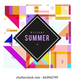Trendy vector summer cards illustration with elements and abstract colorful textures. Design for holiday vacation poster, card, brochure, and promotion template. Fashion art print and background.