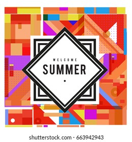 Trendy vector summer cards illustration with elements and abstract colorful textures. Design for holiday vacation poster, card, brochure, and promotion template. Fashion art print and background.