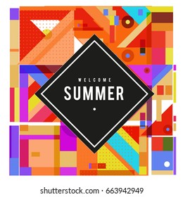 Trendy vector summer cards illustration with elements and abstract colorful textures. Design for holiday vacation poster, card, brochure, and promotion template. Fashion art print and background.