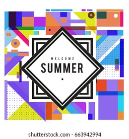 Trendy vector summer cards illustration with elements and abstract colorful textures. Design for holiday vacation poster, card, brochure, and promotion template. Fashion art print and background.