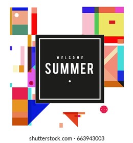 Trendy vector summer cards illustration with elements and abstract colorful textures. Design for holiday vacation poster, card, brochure, and promotion template. Fashion art print and background.