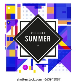 Trendy vector summer cards illustration with elements and abstract colorful textures. Design for holiday vacation poster, card, brochure, and promotion template. Fashion art print and background.