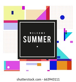 Trendy vector summer cards illustration with elements and abstract colorful textures. Design for holiday vacation poster, card, brochure, and promotion template. Fashion art print and background.