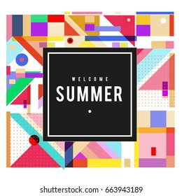 Trendy vector summer cards illustration with elements and abstract colorful textures. Design for holiday vacation poster, card, brochure, and promotion template. Fashion art print and background.