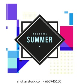 Trendy vector summer cards illustration with elements and abstract colorful textures. Design for holiday vacation poster, card, brochure, and promotion template. Fashion art print and background.